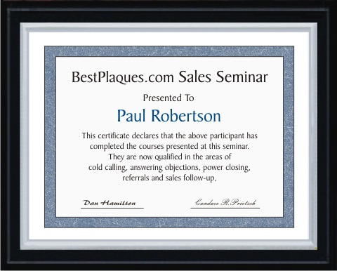Certificate Plaque Solid Black Matte Silver Frame