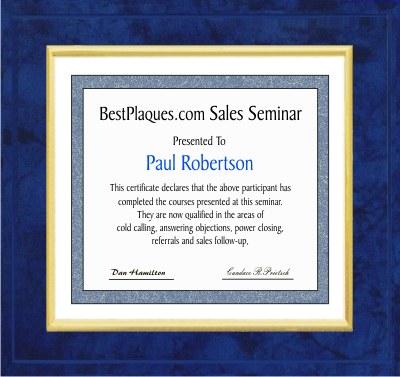 Certificate Plaque deluxe gold trim