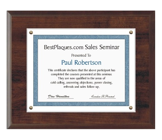 8.5X11 Certificate Plaque Kits Walnut Style - 12X15 Plaque holds an 8.5X11 Certificate